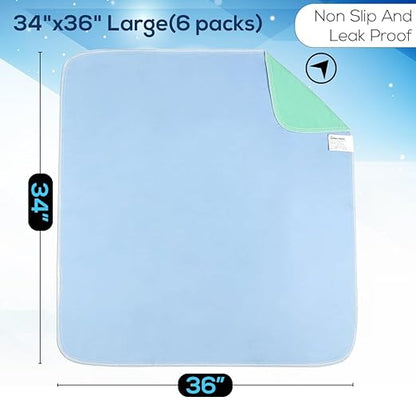 Simpli-Magic Washable Underpads, 34"x36" (Pack of 6) - Heavy Absorbency Reusable Bedwetting Incontinence Pads for Kids,Adults,Elderly,and Pets - Waterproof Protective Pad for Bed,Couch,Sofa,Floor