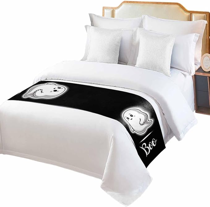 Halloween Cute Ghost Boo Bed Runners for Bedroom Hotel,Decorative Bedding Scarf Black and White Bed End Blanket Bedding Runner Scarves for Full Size Bed,83x20in