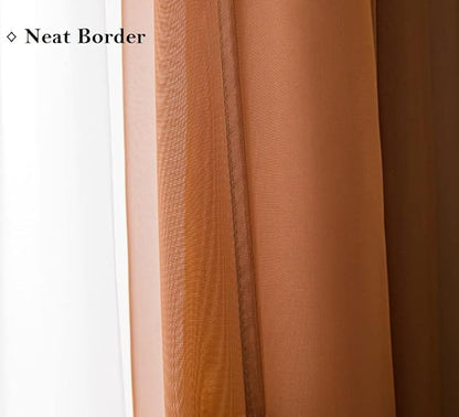 PI Tan Sheer Curtains 84 Inches Length with Rings Top,Lightweight Voile Textured Backdrop for Dinning Room/Living Room 2 Panels (W52XL84, Brown)