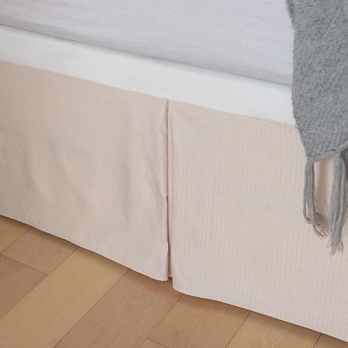 King Bed Skirt, Grid Plaid Soft Quadruple Pleated Ruffle Bed Skirt, Tailored Dust Ruffle 14 Inch Drop Easy Fit, Machine Washable (Beige)