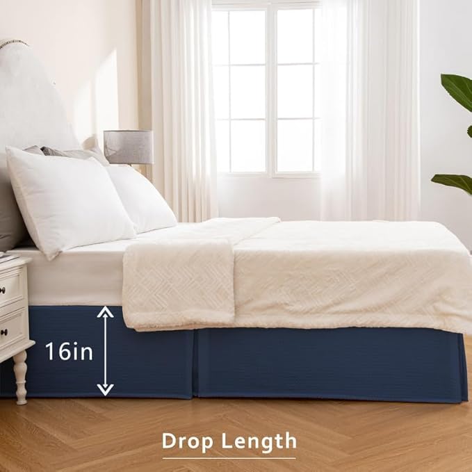 MIYE Pleated Waffle Weave Bed Skirt, Tailored Dust Ruffle 16 Inch Drop Easy Fit, Machine Washable (Navy Blue, Queen - 16" Drop)