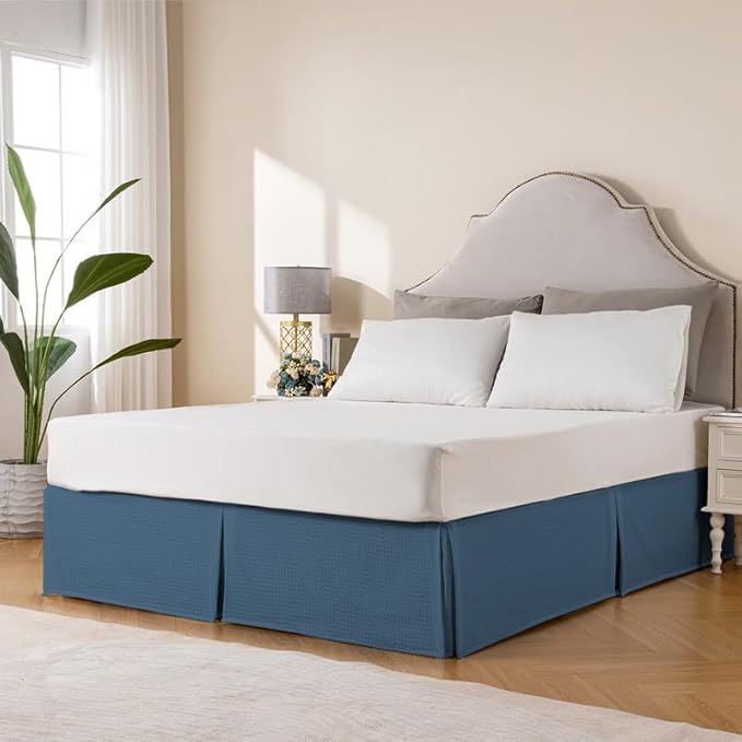 MIYE Pleated Waffle Weave Bed Skirt, Tailored Dust Ruffle 16 Inch Drop Easy Fit, Machine Washable (Blue, King - 16" Drop)