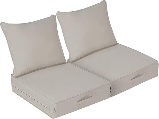 Outdoor Olefin Water-Resistant Deep Seat Cushion Set, 2PCS Weather and Fade Resistant 24''x 24''x 6'' Patio Furniture Seat Cushion, Thickened Sofa Chair Pad for Lawn, Garden, Gray Apricot