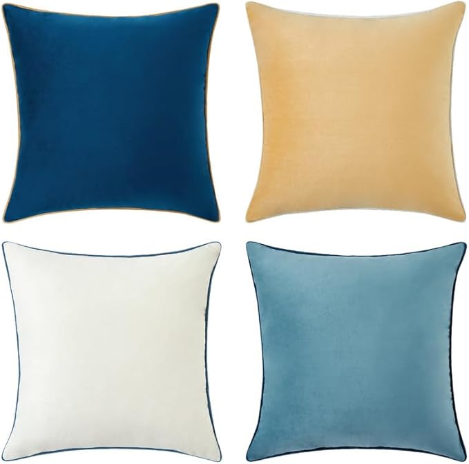 MONDAY MOOSE Decorative Throw Pillow Covers Cushion Cases, Set of 4 Soft Velvet Modern Double-Sided Designs, Mix and Match for Home Decor, Pillow Inserts Not Included (22x22 inch, Blue/Beige)