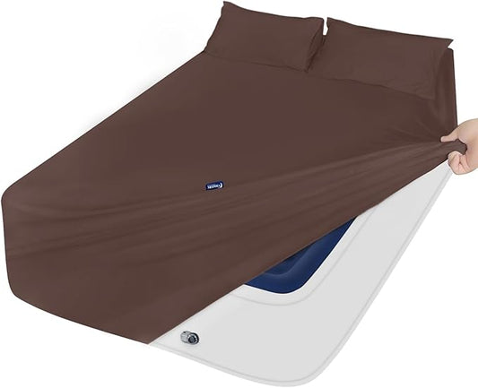 Moonsea Queen Sheet Set for Air Mattress - Sheets Queen Size Bed Set - 3Pcs Side Storage Pocket Fitted Sheet & Pillowcases Easily Fits 16in to 24in Pillow Top Air Bed Mattress - Brown