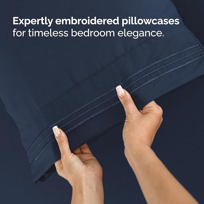 Olympic Queen Sheet Set 66x80 - 4 Piece RV Olympic Queen Size Sheets - Soft, Breathable & Cooling - Fits 14” to 16" Mattress w/ Deep Pockets - Comfy Luxury Bedding - Fade & Wrinkle Free - Navy Blue