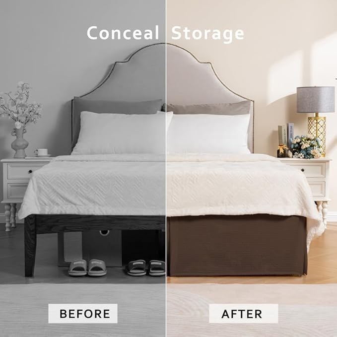 MIYE Pleated Waffle Weave Bed Skirt, Tailored Dust Ruffle 16 Inch Drop Easy Fit, Machine Washable (Brown, Full - 16" Drop)