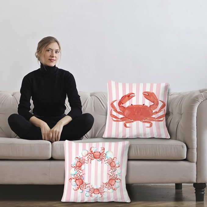 Coastal Red Crab Pillow Covers 18x18 Set of 2, Nautical Coastal Red Crab Bubbles Pink White Striped Throw Pillow Covers for Beach House Home, Preppy Beach Room Decor