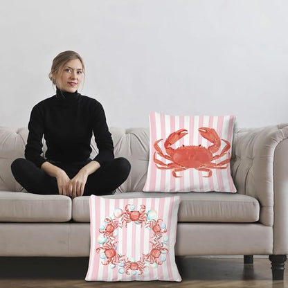 Coastal Red Crab Pillow Covers 18x18 Set of 2, Nautical Coastal Red Crab Bubbles Pink White Striped Throw Pillow Covers for Beach House Home, Preppy Beach Room Decor