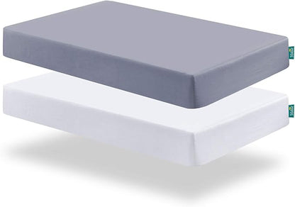 2 Pack Fitted Crib Sheets & 2 Pack Waterproof Crib Mattress Protectors, Baby Bedding Set Grey and White, Ultra Soft Breathable Sheets, Quiet Mattress Pad Covers, Fits 52" x 28"