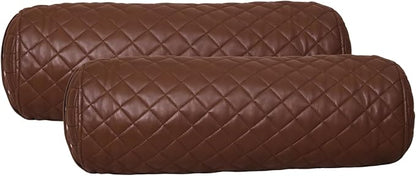 Neck Roll Pillow Cushion Cover, 14x7 Inch Full Moon Round Bolster Pillow Case, Cylinder Soft Lambskin Leather Pillowcase for Head, Spine & Neck Support During Sleep - Quilted Chocolate Brown Pack of 2