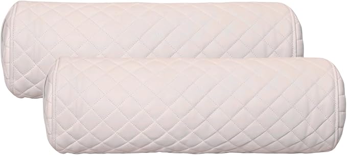 Neck Roll Pillow Cushion Cover, 14x5 Inch Full Moon Round Bolster Pillow Case, Cylinder Soft Lambskin Leather Pillowcase for Head, Spine & Neck Support During Sleep - Quilted White Pack of 2