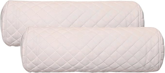Neck Roll Pillow Cushion Cover, 14x5 Inch Full Moon Round Bolster Pillow Case, Cylinder Soft Lambskin Leather Pillowcase for Head, Spine & Neck Support During Sleep - Quilted White Pack of 2