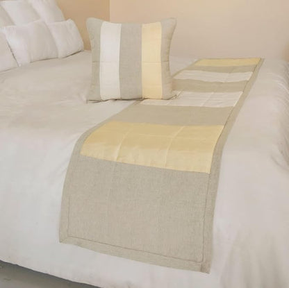 The HomeCentric King/Queen/Twin Beige Decorative Twin 53"x18" Bed Runner with 2 Pillow Cover, Color Block, Patchwork, Quilted, Silk, Linen & Striped Bed Scarf on Linen & Silk Fabric - Alikka