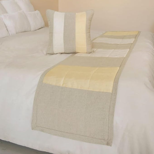 The HomeCentric King/Queen/Twin Beige Decorative King 90"x18" Bed Runner with Pillow Cover, Color Block, Patchwork, Quilted, Silk, Linen & Striped Bed Scarf on Linen & Silk Fabric - Alikka