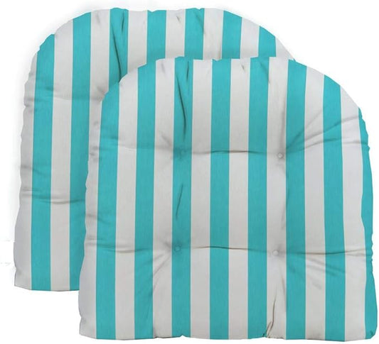 RSH DECOR: Tufted U-Shape Wicker Seat Cushions Set of 2 | 19” x 19” | All-Weather Spun Fabric | Water-Resistant | Outdoor Chair Cushions for Patio Furniture | Cancun & White Stripe