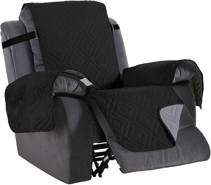 H.VERSAILTEX Reversible Quilted Recliner Covers Water Resistant Furniture Protector for Reclienr Chair with Elastic Straps for Pets Kids Sitting Width Up to 28"(Oversized Recliner, Black/Grey)