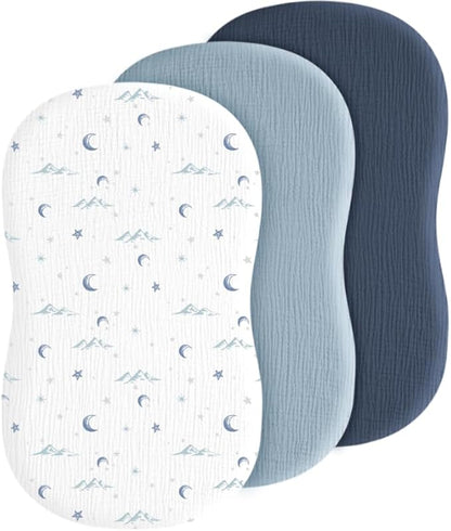 Baby Muslin Bassinet Sheets 3 Pack for Boys & Girls, Soft Breathable Cotton Bassinet Mattress Cover, Universal Fit for Hourglass, Oval, and Rectangle Mattress (Nightfall Blue)