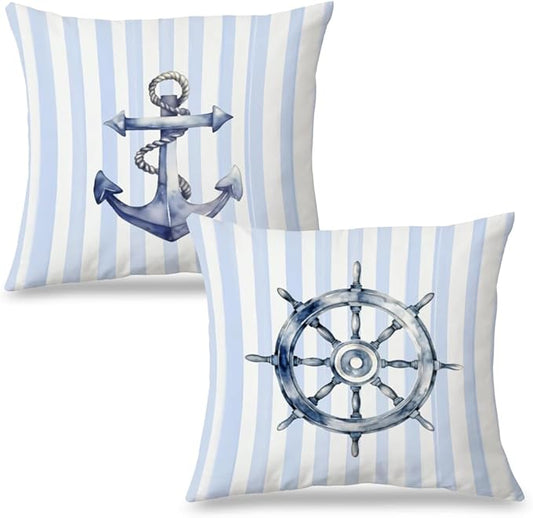 Nautical Rudder Anchor Pillow Covers 18x18 Set of 2, Preppy Blue and White Striped Coastal Nautical Throw Pillow Covers for Boys Bedroom Beach House Home, Preppy Beach Room Decor