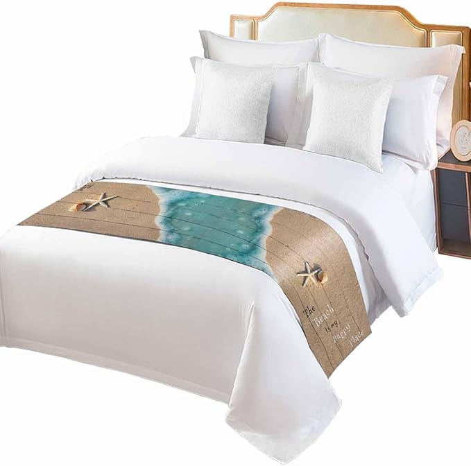 Coastal Ocean Starfish and Shell Sand Bed Runners for Bedroom Hotel,Decorative Bedding Scarf The Beach is My Happy Place Bed End Blanket Bedding Runner Scarves for Queen Size Bed,94x20in