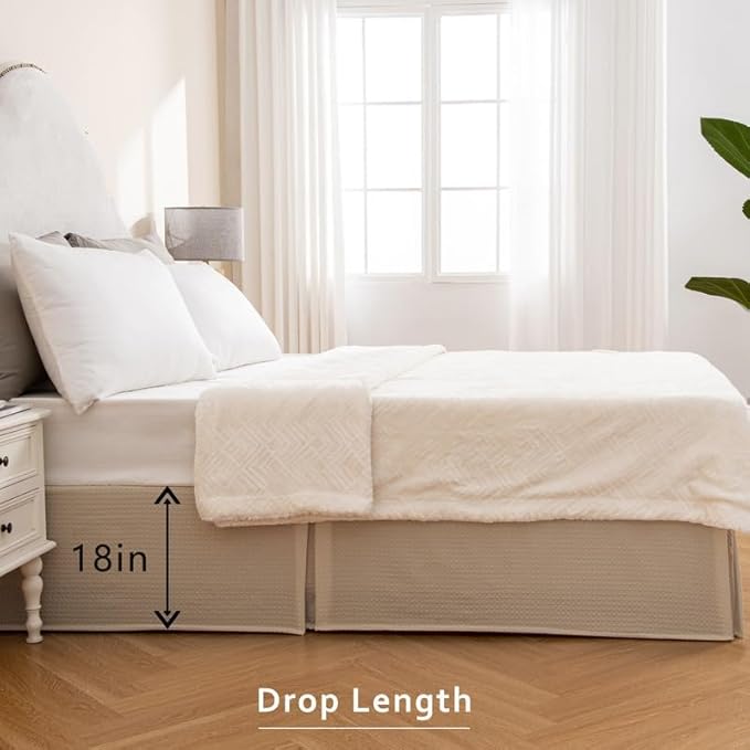 MIYE Pleated Waffle Weave Bed Skirt, Tailored Dust Ruffle 18 Inch Drop Easy Fit, Machine Washable,No Split Corners (Beige, Queen - 18" Drop)
