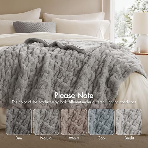 Madison Park Ruched Fur Luxury Throw Premium Soft Cozy Brushed Long Faux Fur For Bed, Couch or Sofa , 50x60" , Grey