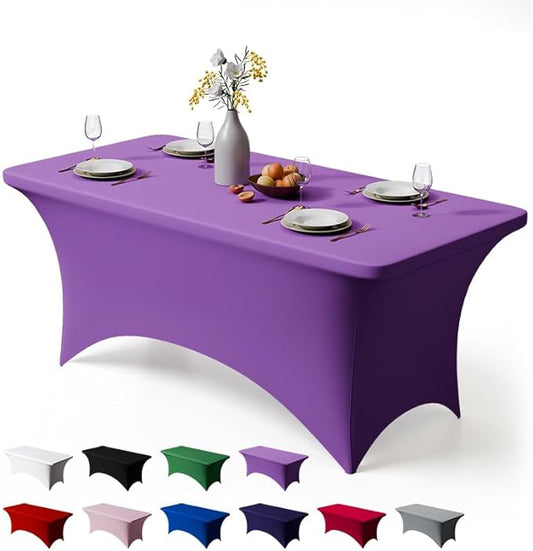 Trlyc 1 Pack 8FT Spandex Table Cloth - 96 x 30 Inch Rectangular Stretch Tablecloth, Wrinkle Resistant Scretch Table Cover for Wedding, Party, Banquet, Picnic, Outdoor Decoration (1Pcs,Purple)