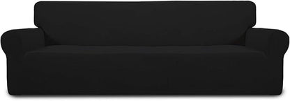 Easy-Going Stretch 4 Seater Sofa Slipcover 1-Piece Sofa Cover Furniture Protector Couch Soft with Elastic Bottom for Kids, Polyester Spandex Jacquard Fabric Small Checks Black
