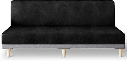 molasofa Leather Like Stretch Futon Slipcover Armless Futon Bed Sofa Cover Furniture Protector with Elastic Bottom, Soft and Washable Futon Cover for Sofa Bed Stay in Place（Larger，Black）