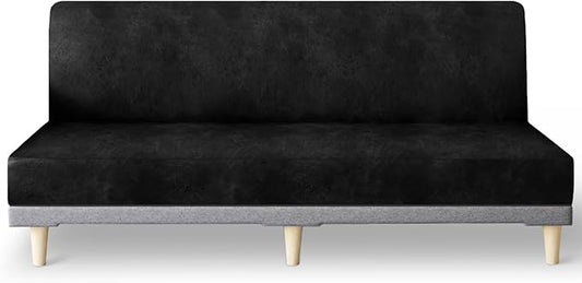 molasofa Leather Like Stretch Futon Slipcover Armless Futon Bed Sofa Cover Furniture Protector with Elastic Bottom, Soft and Washable Futon Cover for Sofa Bed Stay in Place（Larger，Black）