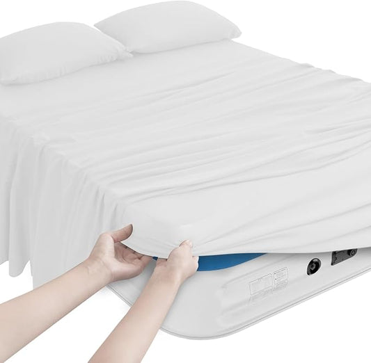 Magik & Kover Queen Sheet Set for Air Mattress - 4 Piece Queen Sheet Set Deep Pocket Up to 24 Inches - Soft & Breathable Air Mattress Sheets Queen Size with Extra Deep Pocket - White
