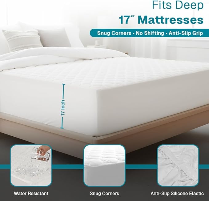 FABDREAMS Organic Quilted Mattress Protector Twin Size | Mattress Pad| Mattress Cover| Naturally Breathable | Noiseless| Fits up to 17" Deep Pockets| Temperature Regulating | Twin | White
