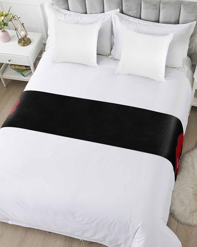 Red Lip Print Kiss Me Bed Runners for Bedroom Hotel,Decorative Bedding Scarf Black Back Bed End Blanket Bedding Runner Scarves for Twin Size Bed,71x20in