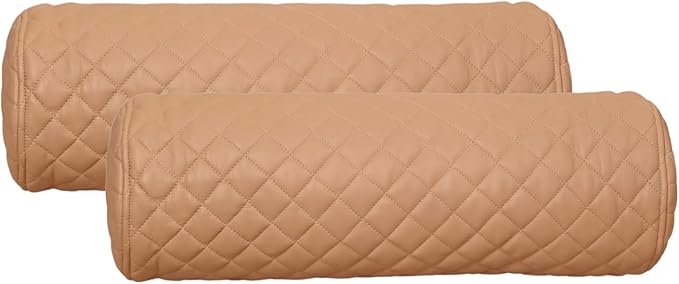 Neck Roll Pillow Cushion Cover, 18x7 Inch Full Moon Round Bolster Pillow Case, Cylinder Soft Lambskin Leather Pillowcase for Head, Spine & Neck Support During Sleep - Quilted Beige Pack of 2