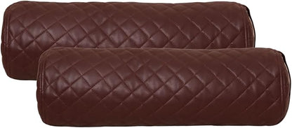 Neck Roll Pillow Cushion Cover, 18x6 Inch Full Moon Round Bolster Pillow Case, Cylinder Soft Lambskin Leather Pillowcase for Head, Spine & Neck Support During Sleep - Quilted Dark Brown Pack of 2
