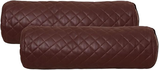 Neck Roll Pillow Cushion Cover, 24x6 Inch Full Moon Round Bolster Pillow Case, Cylinder Soft Lambskin Leather Pillowcase for Head, Spine & Neck Support During Sleep - Quilted Dark Brown Pack of 2