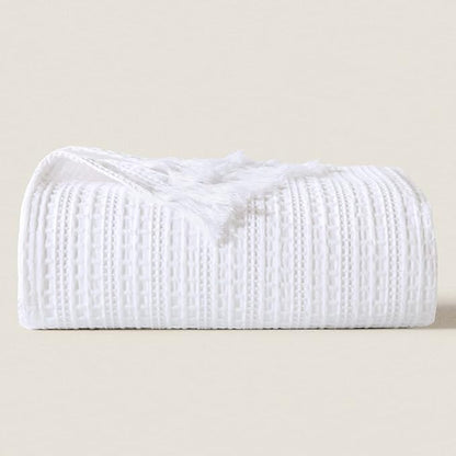 100% Cotton Waffle King Blanket with Fringe 104"x90", Pre-Washed Waffle Weave Blanket for All Season, Lightweight Breathable Soft Cozy Throw Blanket for Couch, Bed, Travel (White)