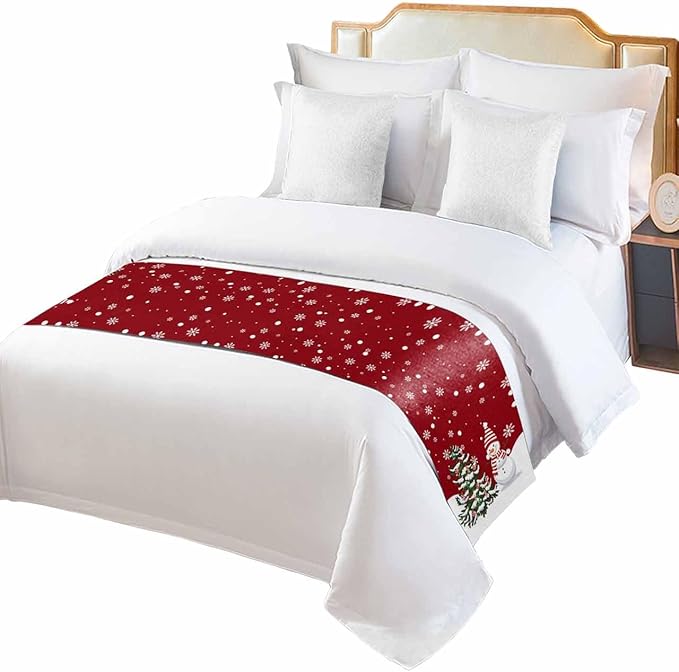 Christmas Tree Snowflakes Snowman Bed Runners for Bedroom Hotel,Decorative Bedding Scarf Red White Green Bed End Blanket Bedding Runner Scarves for Twin Size Bed,71x20in