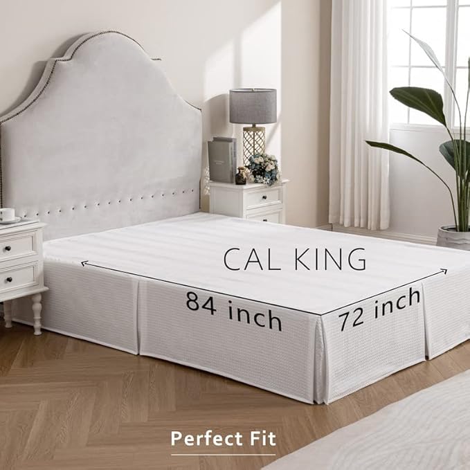 MIYE Pleated Waffle Weave Bed Skirt, Tailored Dust Ruffle 18 Inch Drop Easy Fit, Machine Washable (White,Cal King - 18" Drop)