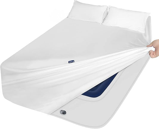 Moonsea Extra Deep Pocket Air Mattress King Sheet Set - 3Pcs Side Storage Pocket Fitted Sheet & Pillowcase King Size Deep Pocket Sheet Set Easily Fits 16in to 24in Pillow Top Air Bed Mattress-White