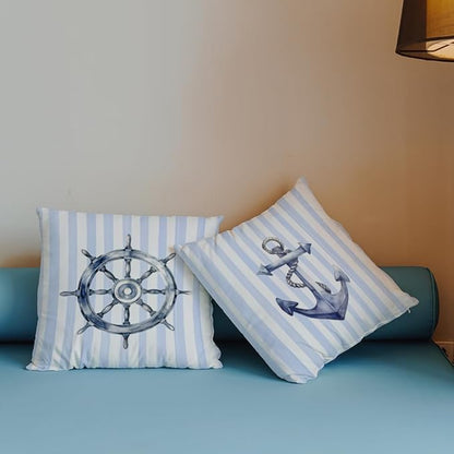 Nautical Rudder Anchor Pillow Covers 18x18 Set of 2, Preppy Blue and White Striped Coastal Nautical Throw Pillow Covers for Boys Bedroom Beach House Home, Preppy Beach Room Decor