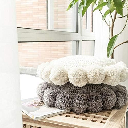 Round Throw Pillow Boho with Pom Poms Fringe Tassels, Bohemian Cute Decorative Circular Pillow with Knitted Texture for Sofa Chair, Acrylic Diameter 18 inches, Gray