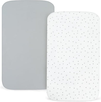 Pack and Play Sheets Fitted- Fit for Pamo Babe, Baby Trend, Graco, ADOVEL, Dream On Me and Other 25" x 36" Playard Mattress Cover, Ultra Soft & Stretchy Playpen Sheets, Grey & White Star, 2 Pack
