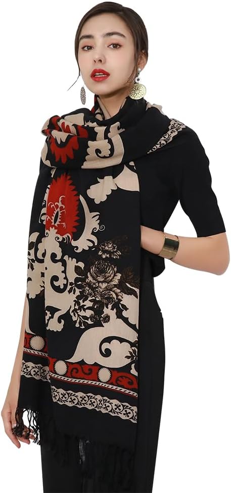 DANA XU 100% Merino Wool Pashmina Shawl for Women 96"x43", Oversized Cashmere Wrap with Tassels, Floral Travel Blanket Cape