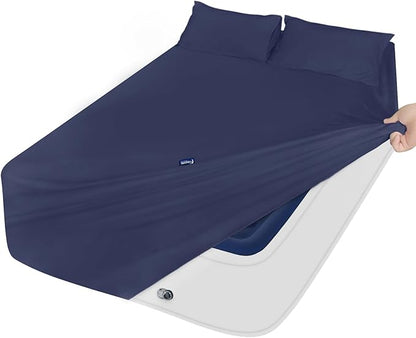 Moonsea King Size Sheets Set for Air Mattress - Deep Pocket King Sheet Set - 3Pcs Side Storage Pocket Fitted Sheet & Pillowcases Easily Fits 16in to 24in Pillow Top Air Bed Mattress - Navy Blue