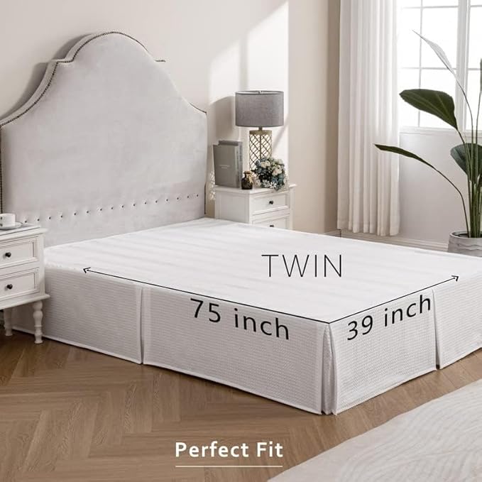 MIYE Pleated Waffle Weave Bed Skirt, Tailored Dust Ruffle 22 Inch Drop Easy Fit, Machine Washable (White, Twin - 22" Drop)