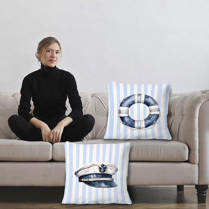Blue Coastal Nautical Pillow Covers 18x18 Set of 2, Watercolor Lifebuoy Captain Hat Preppy Blue Striped Throw Pillow Covers for Boys Bedroom Beach House Home, Preppy Beach Room Decor