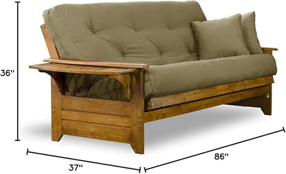 Nirvana Futons Brentwood Tray Arm Futon Sofabed Set - Queen Frame, 8" Thick Khaki Mattress, Rich Heritage Finish