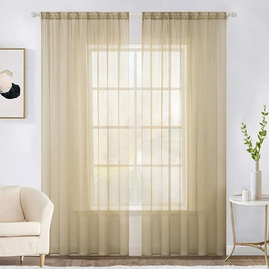 MIULEE 2 Panels Solid Color Sheer Window Curtains Elegant Window Voile Panels/Drapes/Treatment for Bedroom Living Room (54X108 Inches Beige)