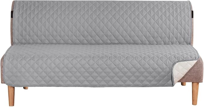 H.VERSAILTEX Reversible Futon Cover Water Repellent Armless Sofa Slipcover Washable Furniture Protector with Adjustable Elastic Strap Anti-Slip Futon Bed Cover for Dog 70" Width Seat(Light Grey/Beige)